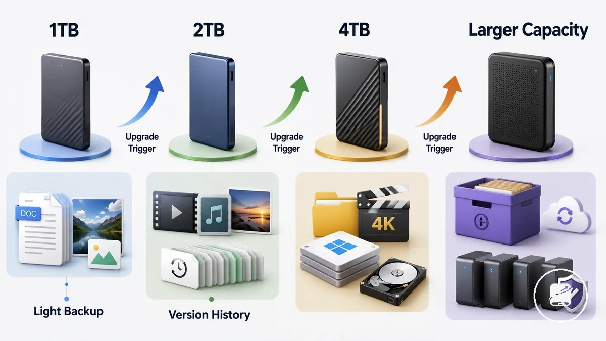 Gráfico de comparação de níveis de capacidade de SSD portátil para casos de uso de backup
