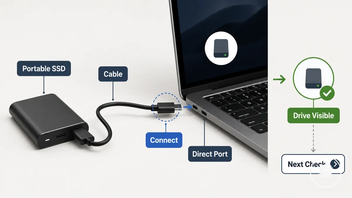 SSD portátil conectado a um computador com cabo para configuração inicial