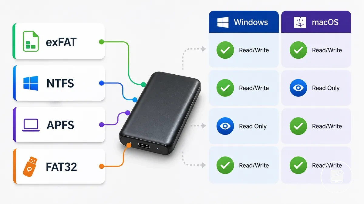 Gráfico de comparação mostrando sistemas de arquivos de SSD portátil e compatibilidade entre Windows e Mac
