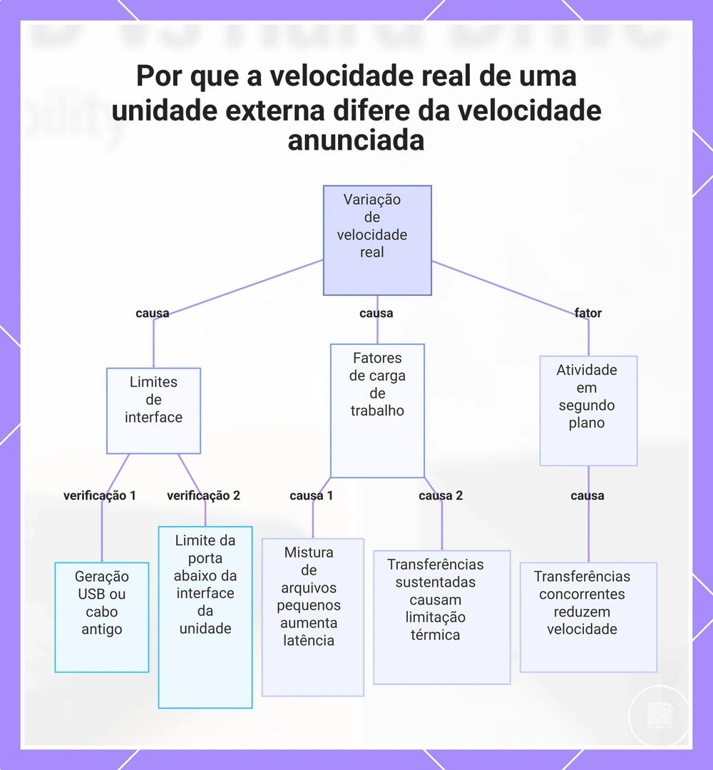Por que a velocidade real de uma unidade externa difere da velocidade anunciada