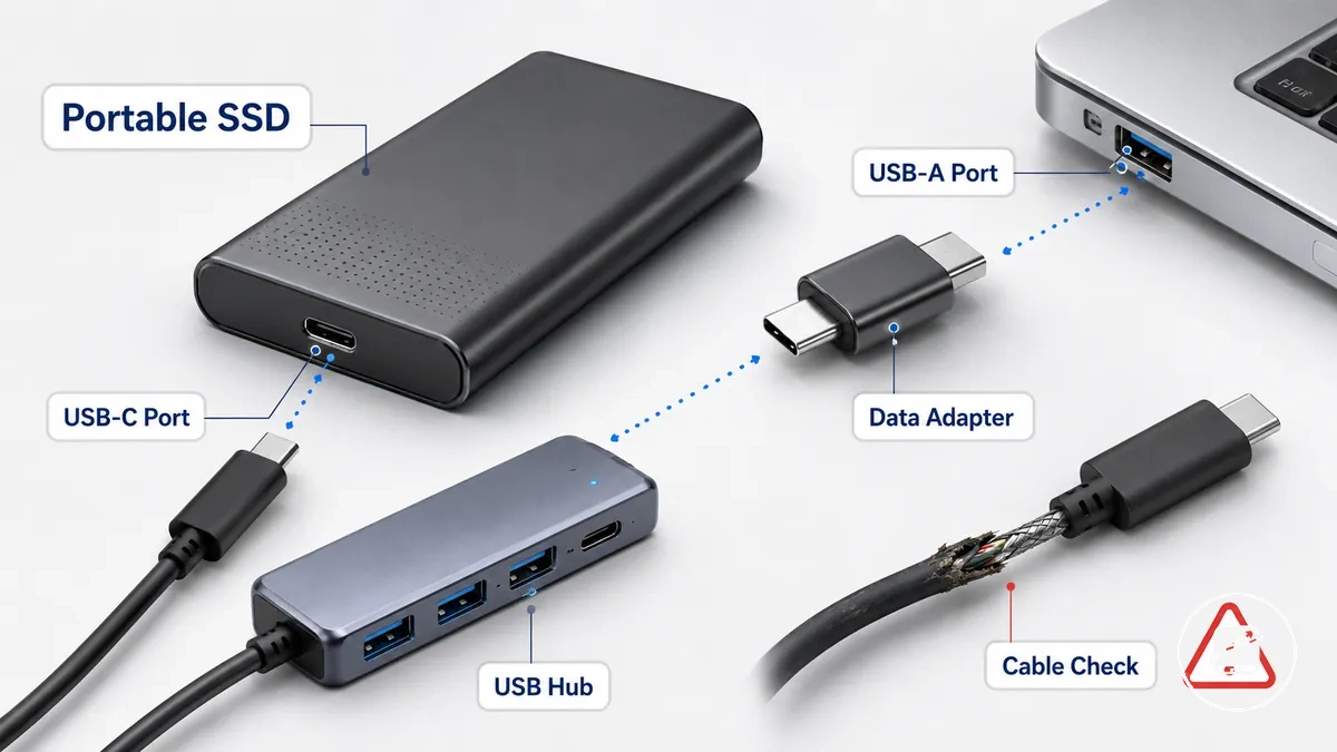 Prontidão do cabo, porta e adaptador do SSD portátil para a primeira conexão