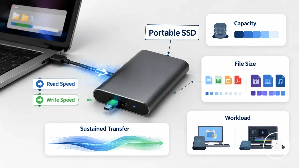 SSD portátil conectado durante transferência de arquivos com rótulos de capacidade e carga de trabalho