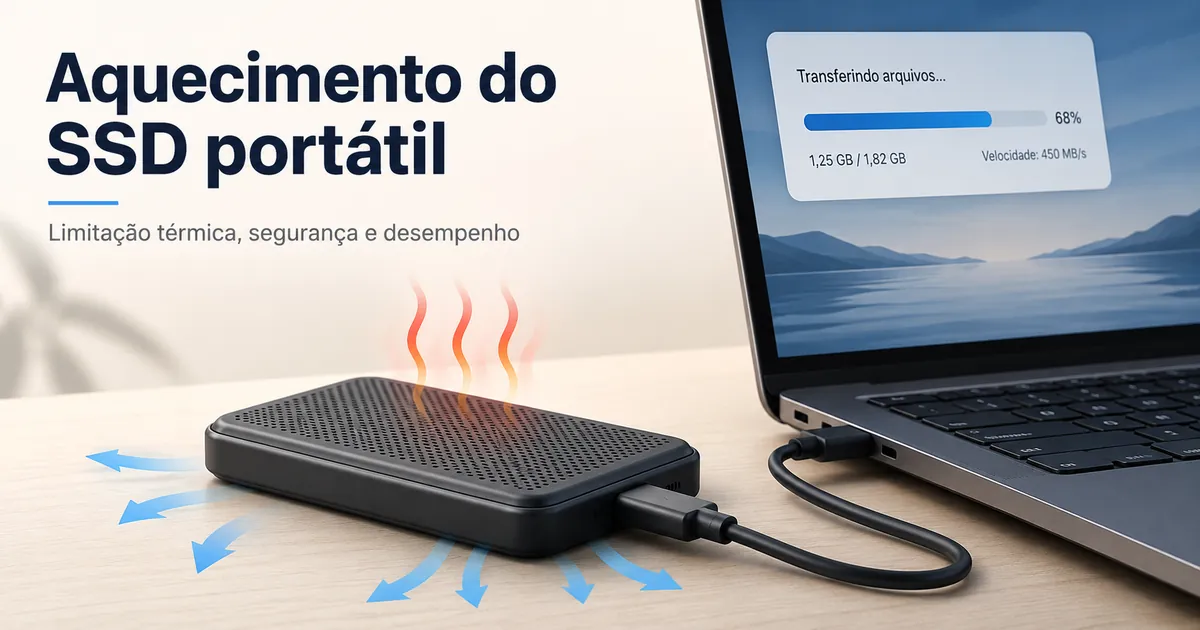 SSD portátil sobre uma mesa durante uma transferência intensa de arquivos, com calor e circulação de ar ao redor