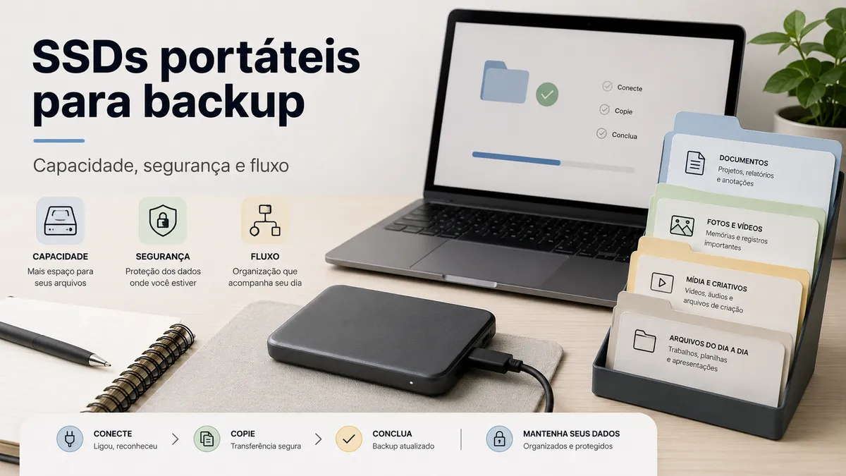 SSD portátil usado para backup ao lado de um notebook e pastas organizadas