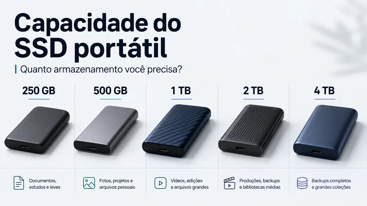 SSDs portáteis com diferentes capacidades de armazenamento organizados para comparação