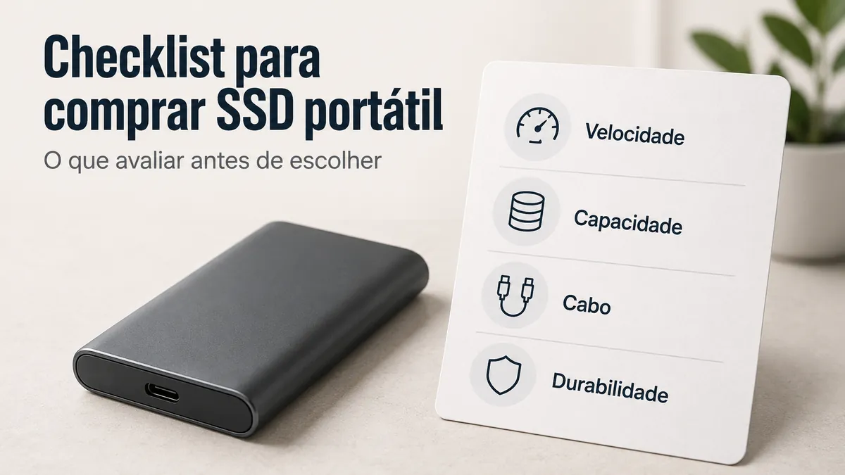 Checklist de compra de SSD portátil com critérios de velocidade, capacidade, cabo e durabilidade