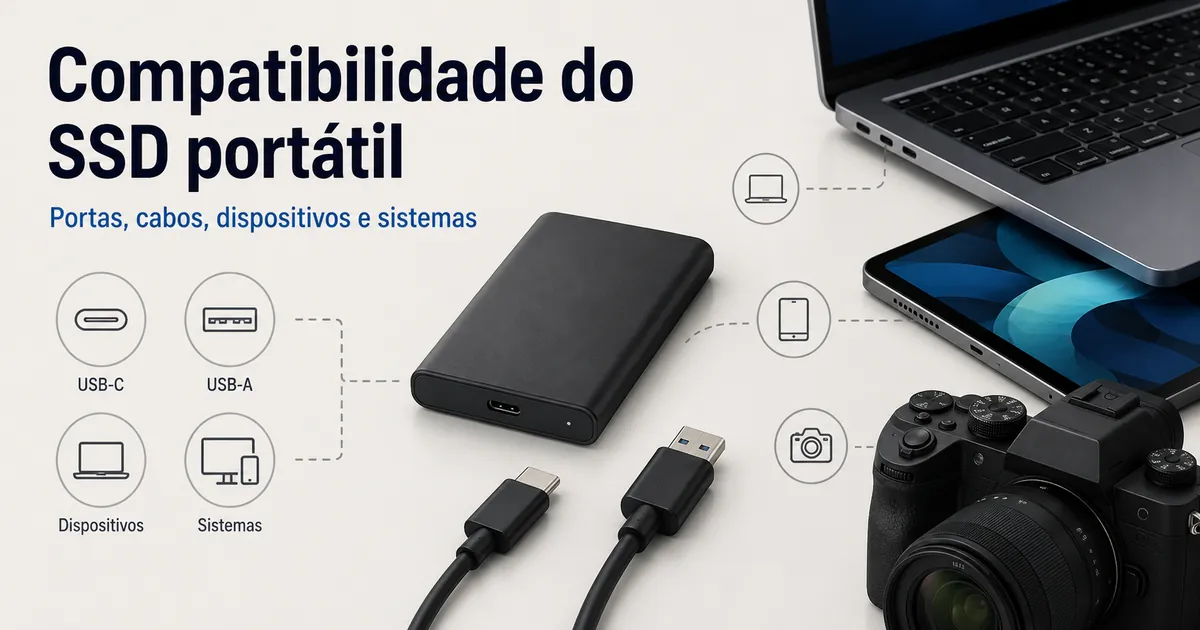 SSD portátil com cabos USB-C e USB-A ao lado de dispositivos compatíveis