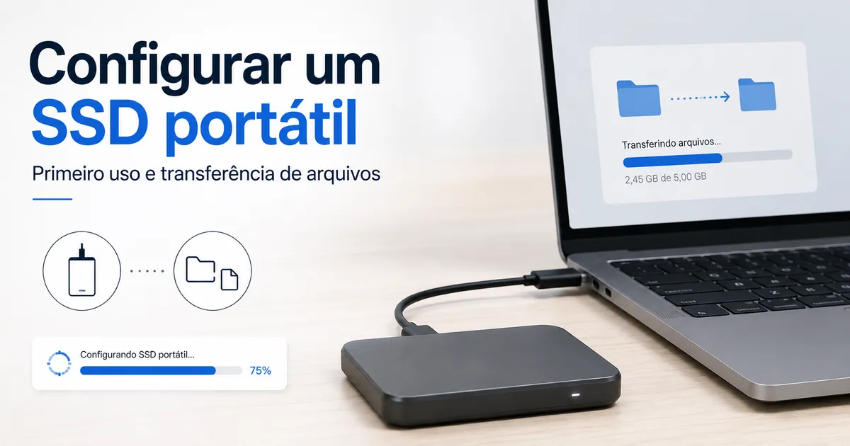 SSD portátil conectado a um computador para a configuração inicial e a transferência de arquivos