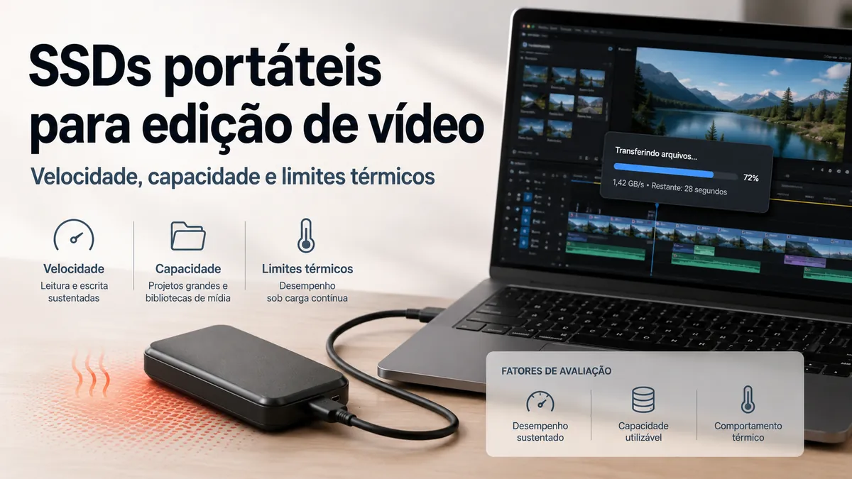 SSD portátil conectado a uma estação de edição de vídeo durante a transferência de arquivos de mídia
