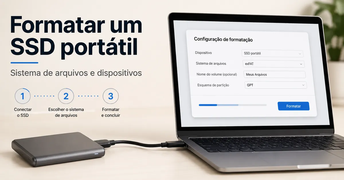 SSD portátil conectado a um computador com as opções de formatação e sistema de arquivos na tela