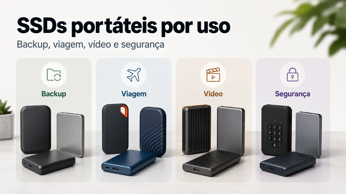 Diferentes tipos de SSD portátil organizados para backup, viagem, edição de vídeo e segurança