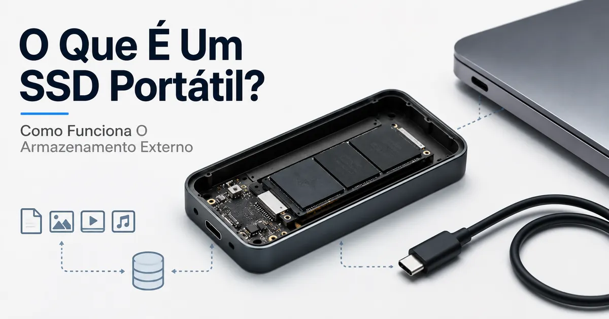 SSD portátil aberto ao lado de um cabo e um dispositivo para mostrar o funcionamento do armazenamento externo