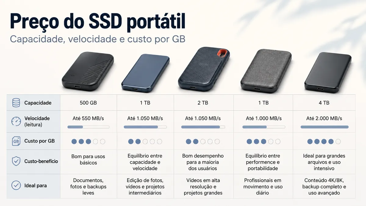 SSDs portáteis comparados por capacidade de armazenamento, velocidade e custo-benefício