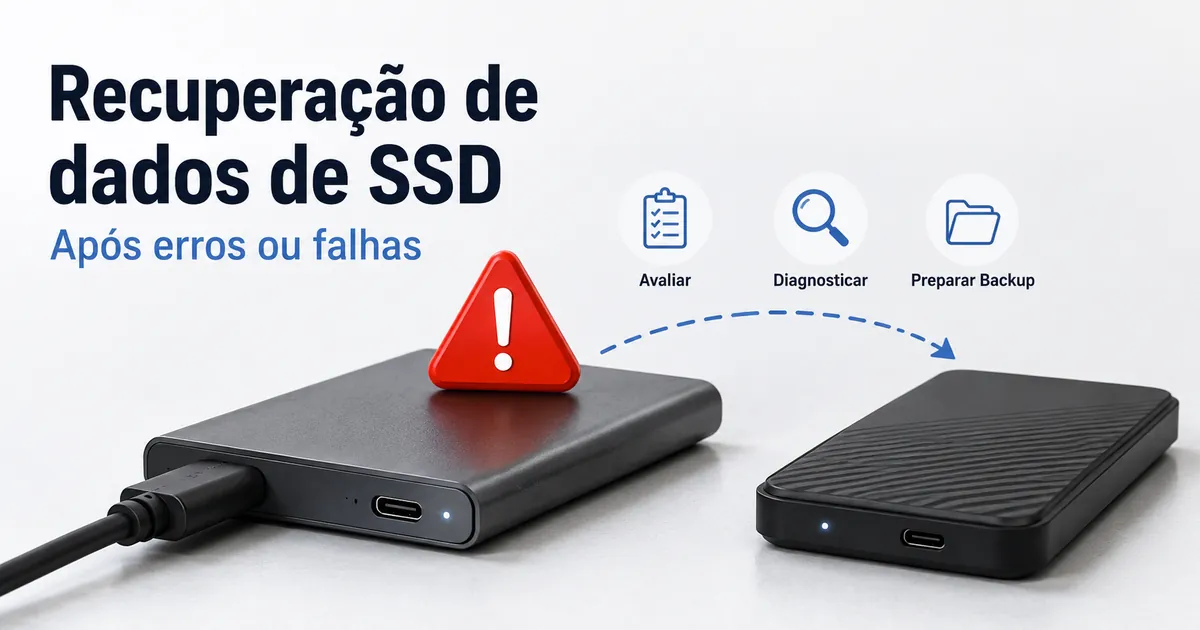 SSD portátil com alerta de erro ao lado de uma unidade de backup para preparar a recuperação dos dados