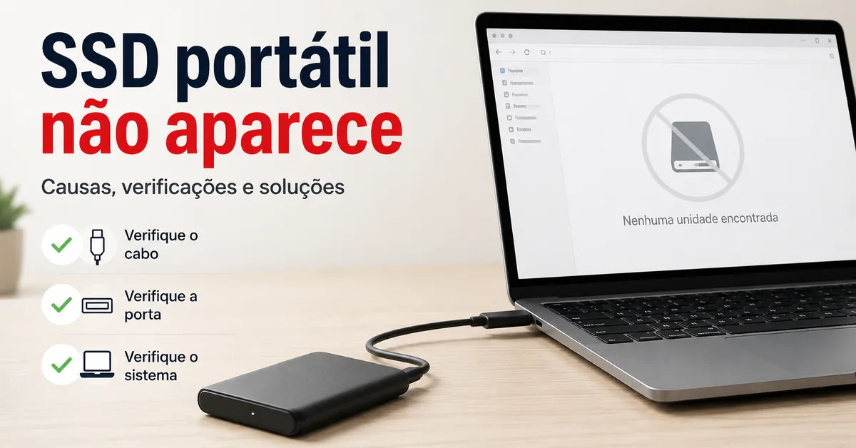 SSD portátil conectado a um notebook enquanto a unidade não aparece na tela