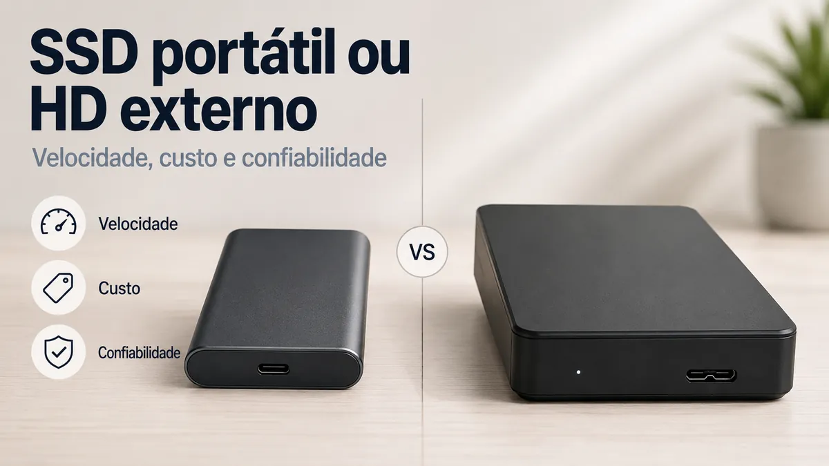 SSD portátil e HD externo lado a lado para comparar opções de armazenamento