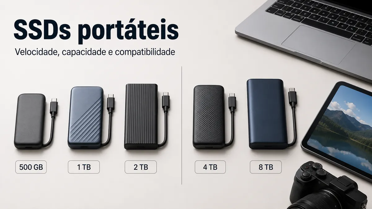 SSDs portáteis com cabos, rótulos de capacidade de armazenamento e dispositivos compatíveis