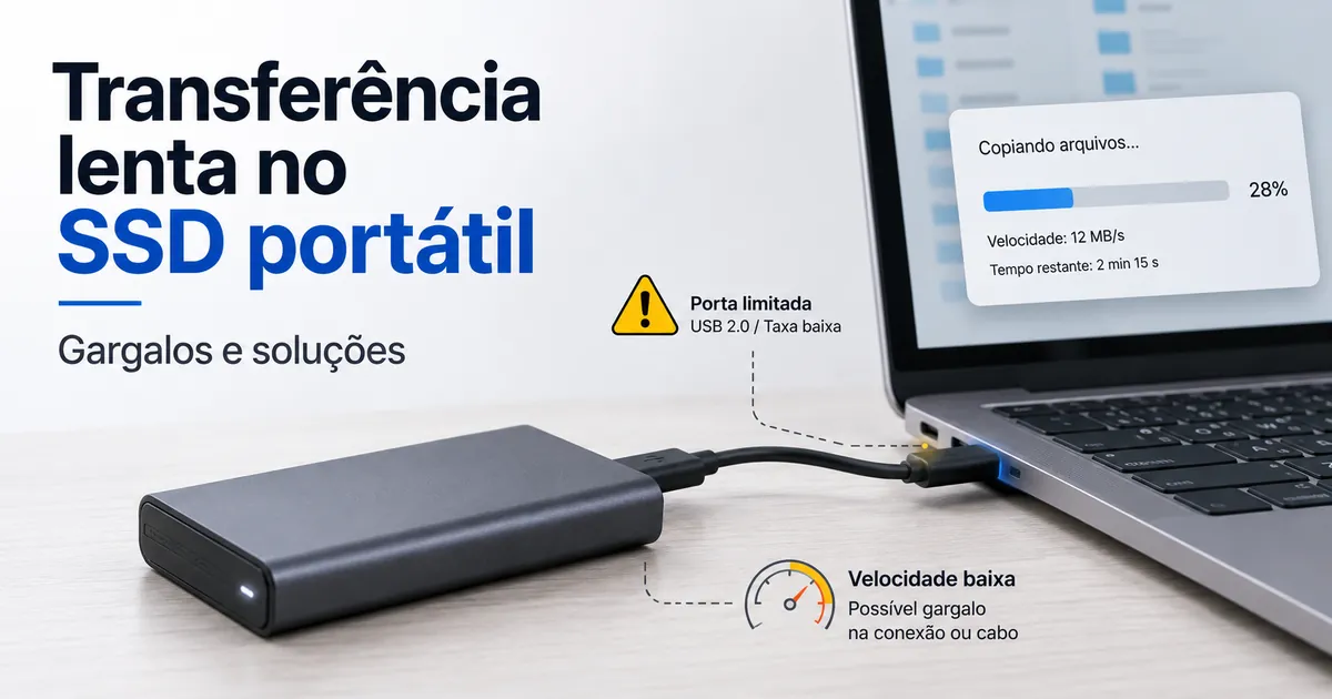 SSD portátil transferindo arquivos lentamente por limitações do cabo ou da porta