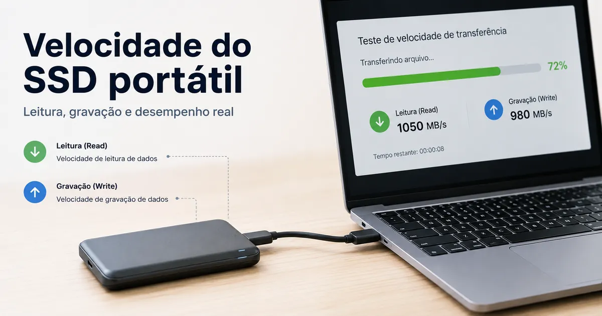 SSD portátil conectado a um notebook durante um teste de velocidade de transferência de arquivos