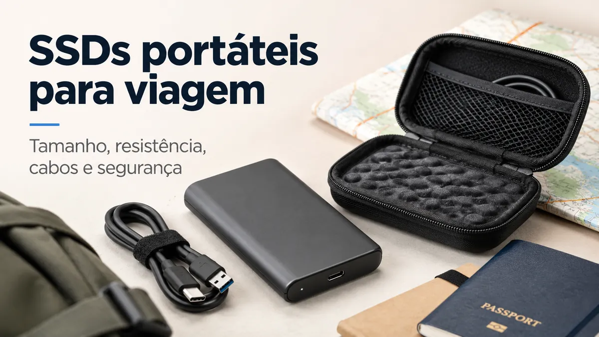 SSD portátil guardado com cabo e estojo de proteção para uso em viagens