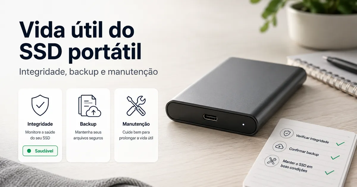 SSD portátil sobre uma mesa com elementos ligados à manutenção, ao backup e à integridade da unidade