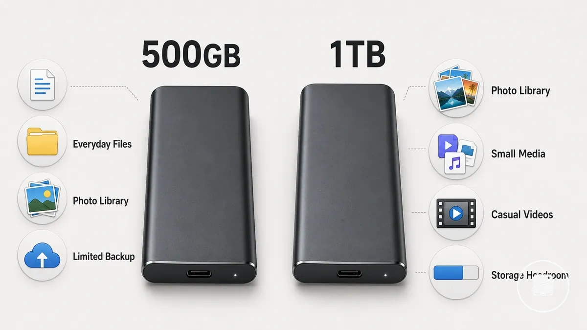 Günlük dosyalar ve fotoğraflar için 500GB ile 1TB taşınabilir SSD kapasitesinin açıklamalı örneği
