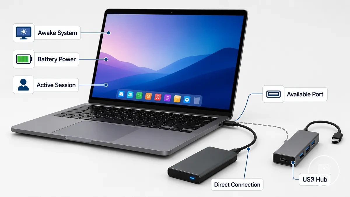 Taşınabilir bir SSD bağlamadan önce kontrol edilen bilgisayar güç ve bağlantı koşulları