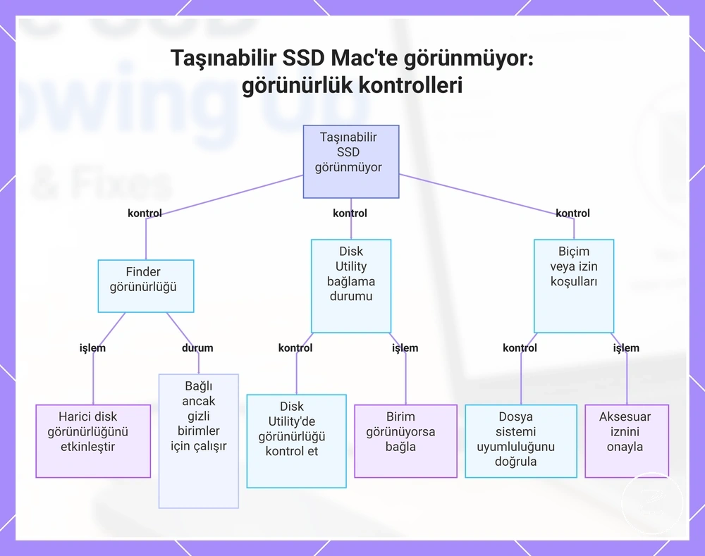 Taşınabilir SSD Mac'te görünmüyor: görünürlük kontrolleri