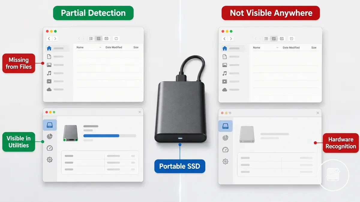Dosya gezgininde eksik bir sürücü ve sistem yardımcı programı kontrolünü gösteren taşınabilir SSD görünürlük durumları