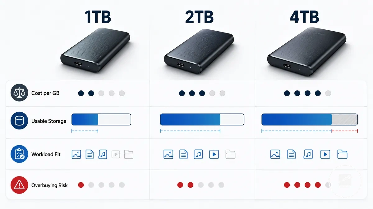 GB başına maliyet ve kullanılabilir depolama değeri ile karşılaştırılan taşınabilir SSD kapasite kademeleri