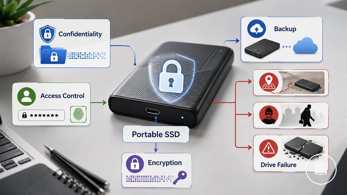 Şifreleme, erişim kontrolü ve yedekleme korumasını gösteren taşınabilir SSD