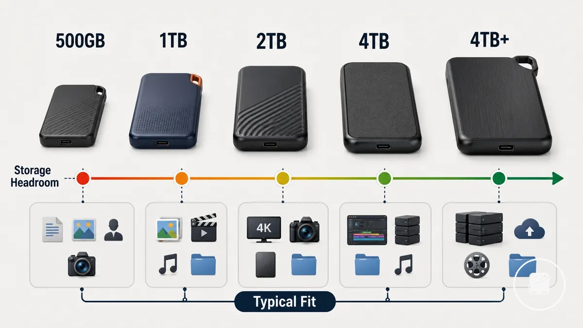 Yaygın taşınabilir SSD kapasite aralıklarının 500GB tan 4TB a kadar karşılaştırma grafiği