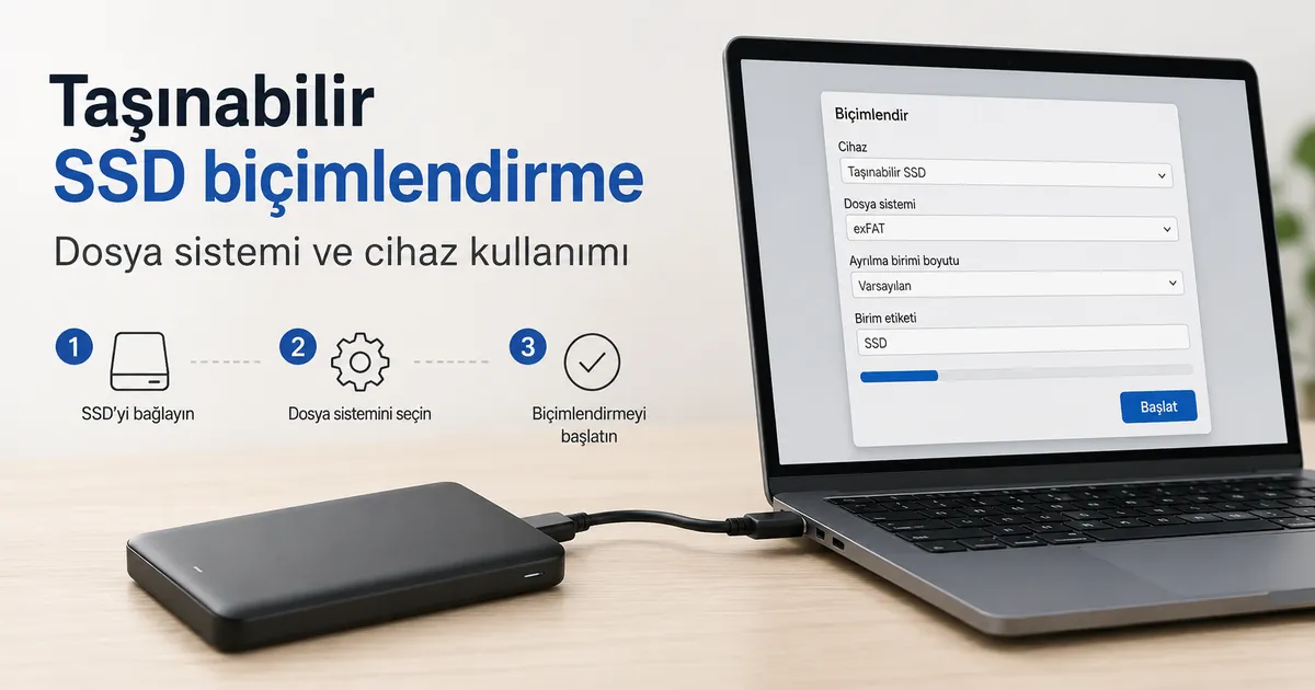Biçimlendirme ve dosya sistemi ayar ekranını gösteren bilgisayara bağlı taşınabilir SSD