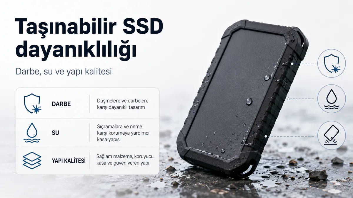 Koruyucu kasası ve suya dayanıklı tasarım ayrıntılarıyla sağlam taşınabilir SSD