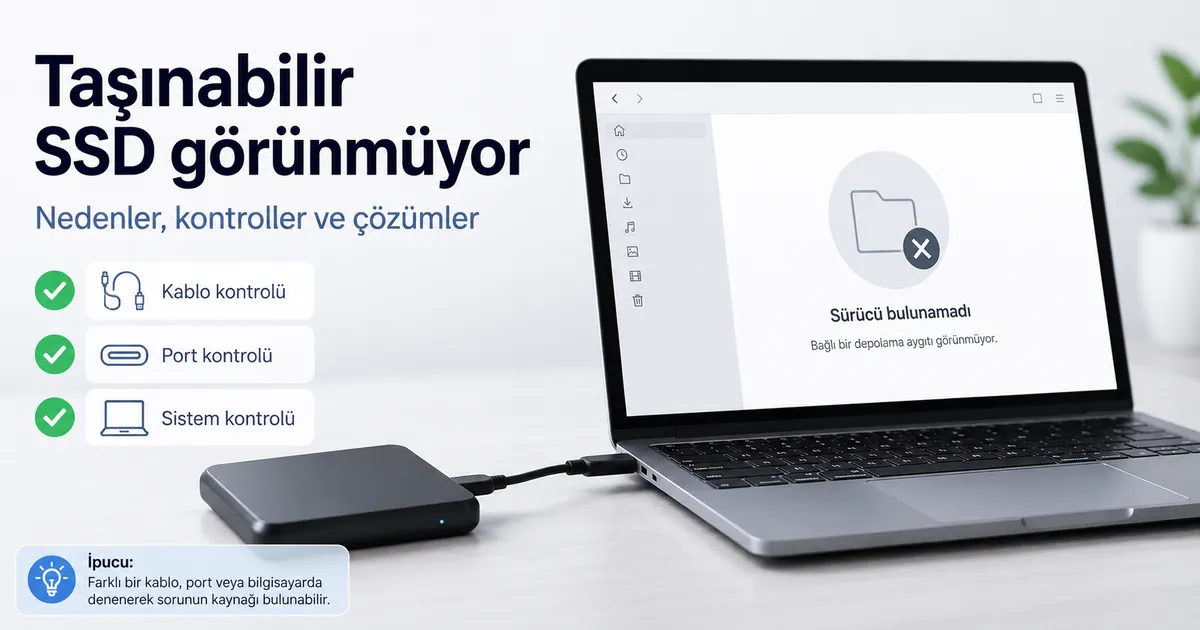 Sürücü ekranda görünmezken dizüstü bilgisayara bağlı taşınabilir SSD