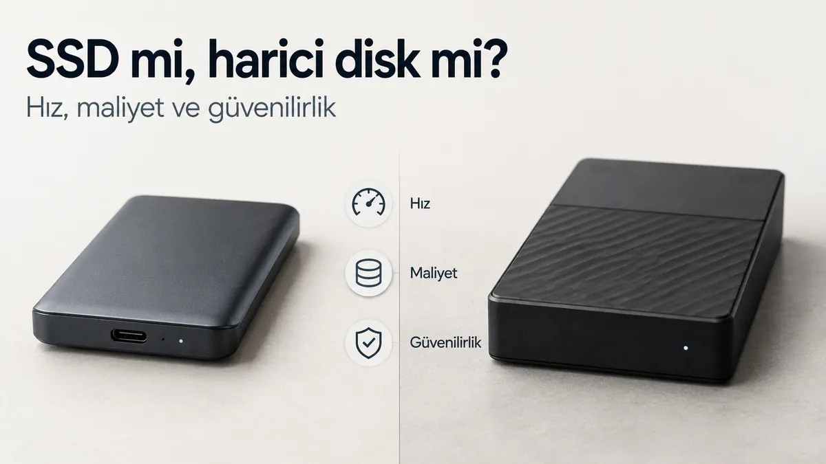 Depolama seçeneklerini karşılaştırmak için yan yana yerleştirilmiş taşınabilir SSD ve harici sabit disk