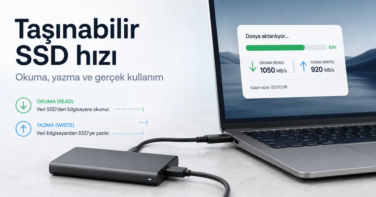 Dosya aktarım hızı testi sırasında dizüstü bilgisayara bağlı taşınabilir SSD