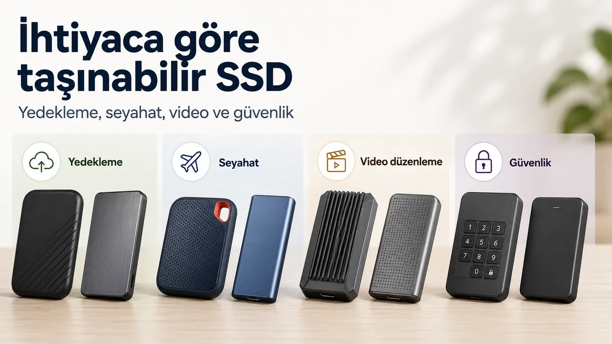 Yedekleme, seyahat, video düzenleme ve güvenlik ihtiyaçlarına göre sıralanmış farklı taşınabilir SSD türleri