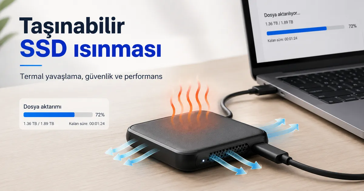 Yoğun dosya aktarımı sırasında masada duran, ısı ve hava akışıyla gösterilen taşınabilir SSD