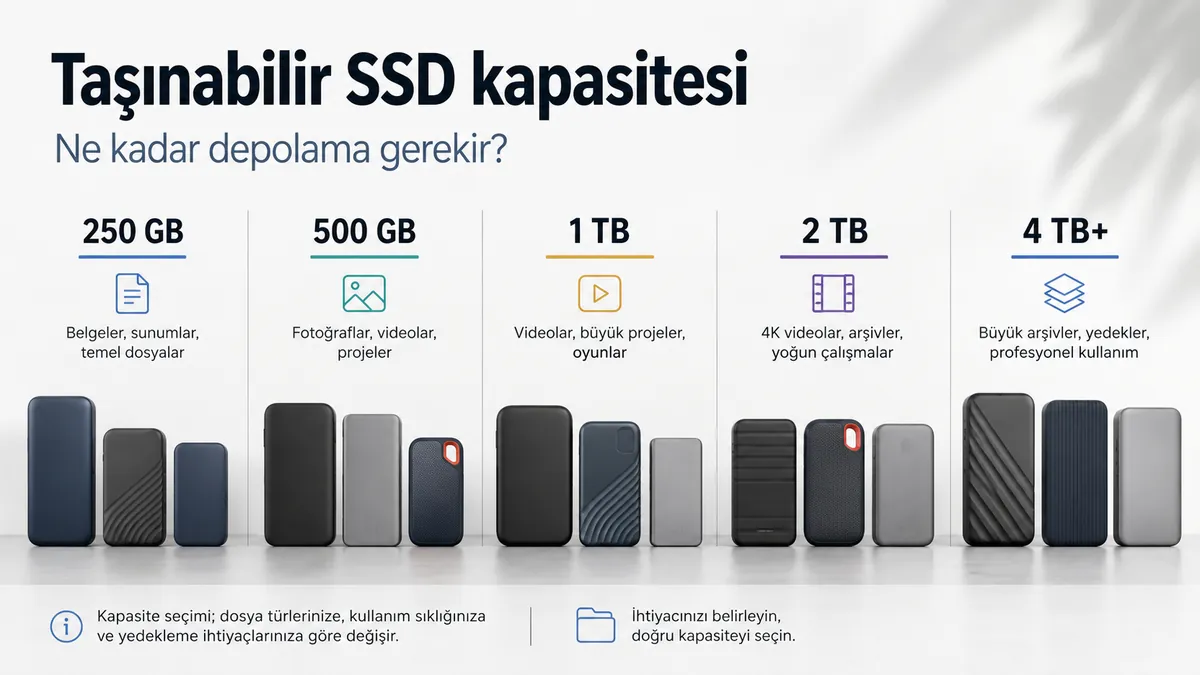 Karşılaştırma için farklı depolama kapasitelerine göre sıralanmış taşınabilir SSD'ler