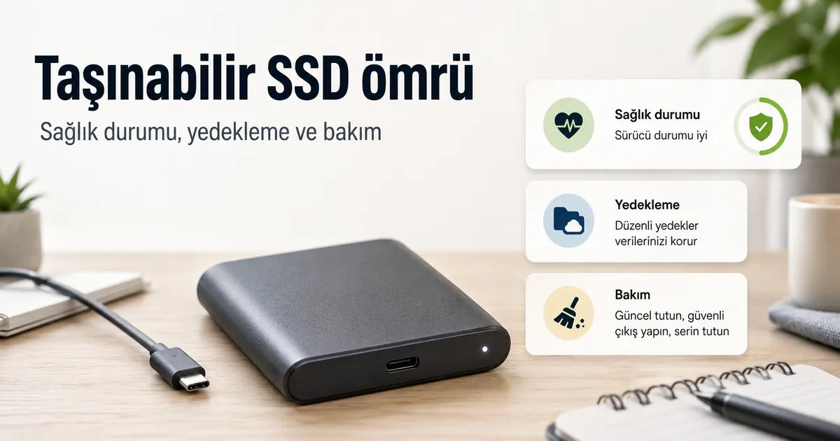 Bakım, yedekleme ve sürücü sağlık durumunu gösteren öğelerle masa üzerindeki taşınabilir SSD