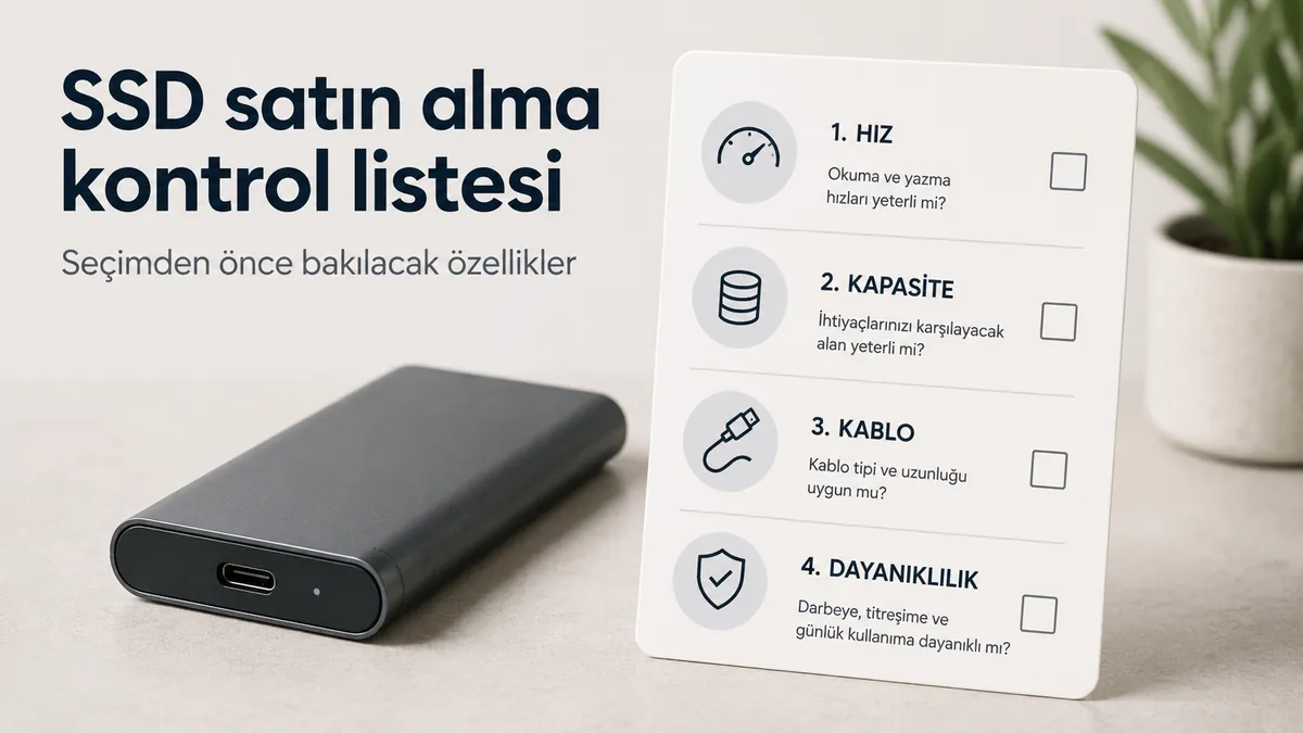 Hız, kapasite, kablo ve dayanıklılık ölçütlerini içeren taşınabilir SSD satın alma kontrol listesi