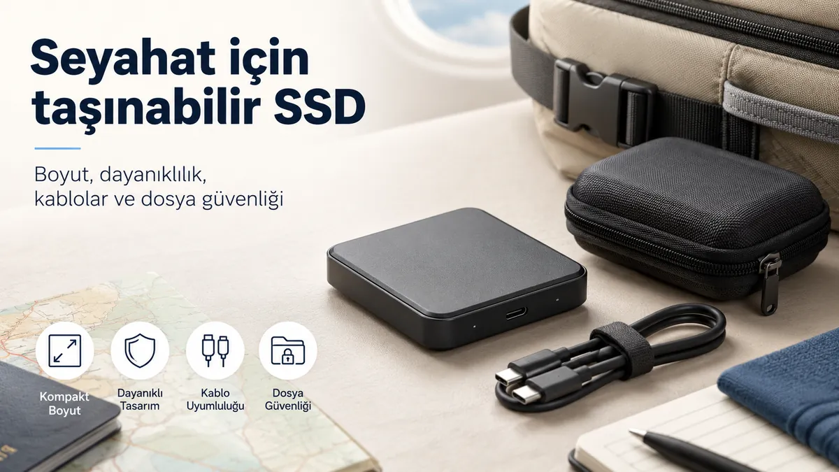 Seyahatte depolama için kablosu ve koruyucu kılıfıyla hazırlanmış taşınabilir SSD