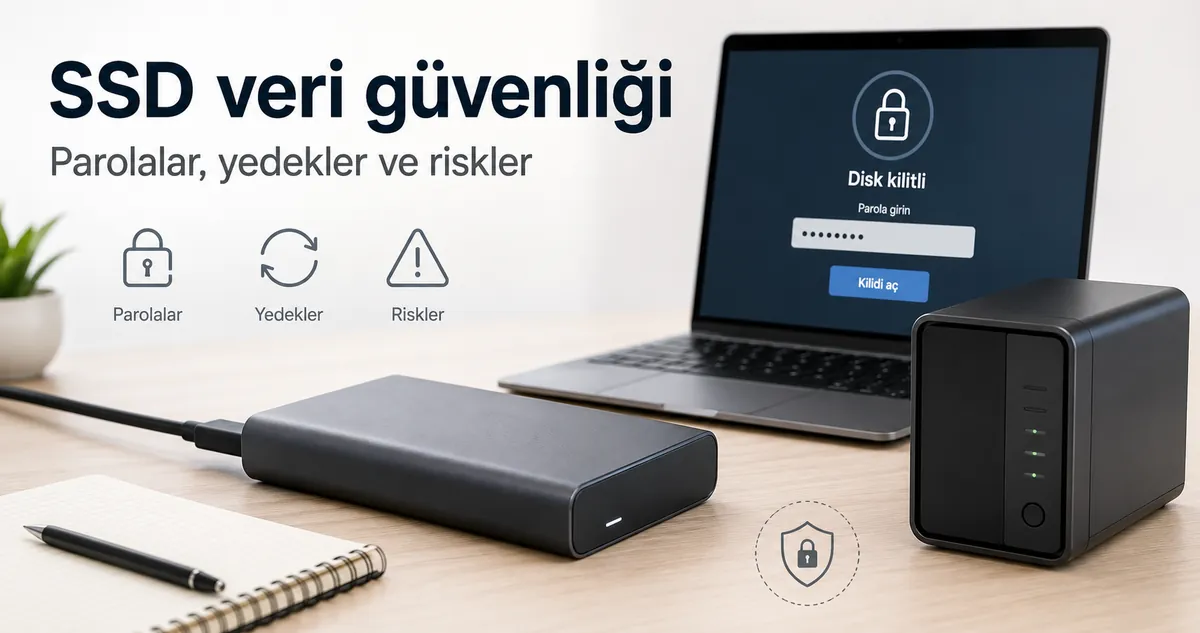 Masa üzerinde parola koruması ve yedekleme birimiyle gösterilen güvenli taşınabilir SSD