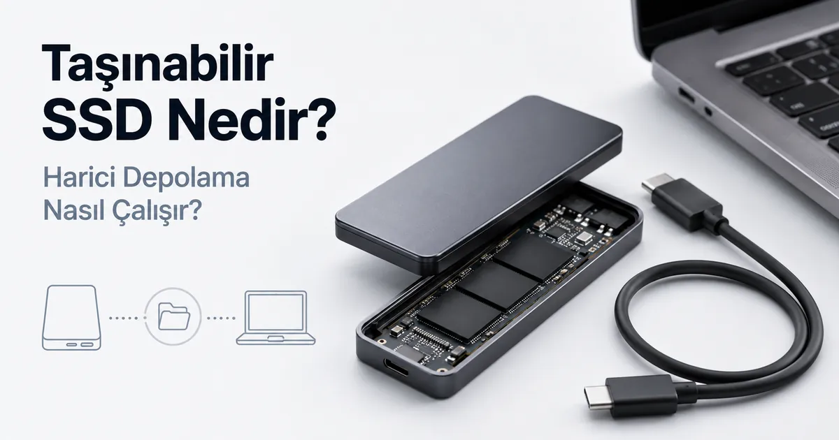 Harici depolamanın nasıl çalıştığını göstermek için bir kablo ve cihazın yanında açılmış taşınabilir SSD