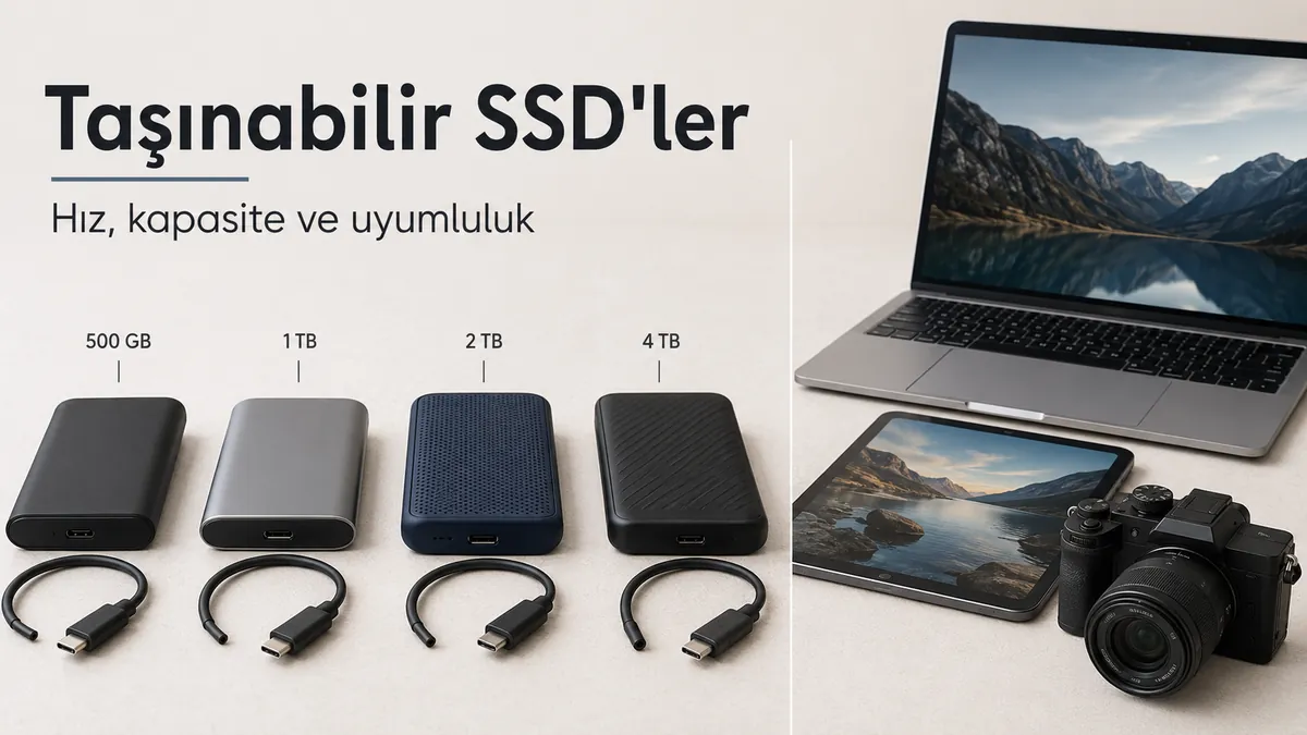 Kablolar, depolama kapasitesi etiketleri ve uyumlu cihazlarla gösterilen taşınabilir SSD'ler