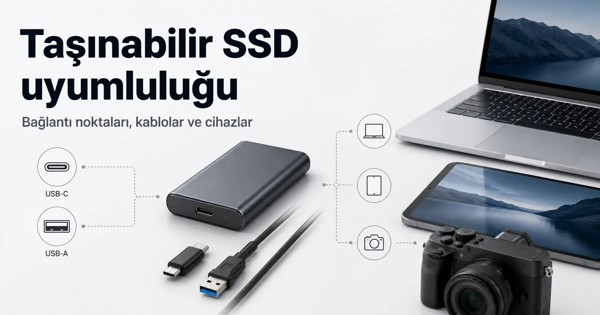 Uyumlu cihazların yanında USB-C ve USB-A kablolarıyla gösterilen taşınabilir SSD