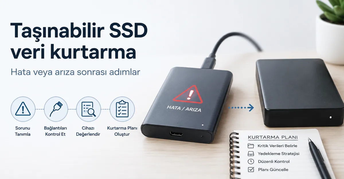 Veri kurtarma planlaması için hata uyarısı ve yedekleme sürücüsüyle gösterilen taşınabilir SSD