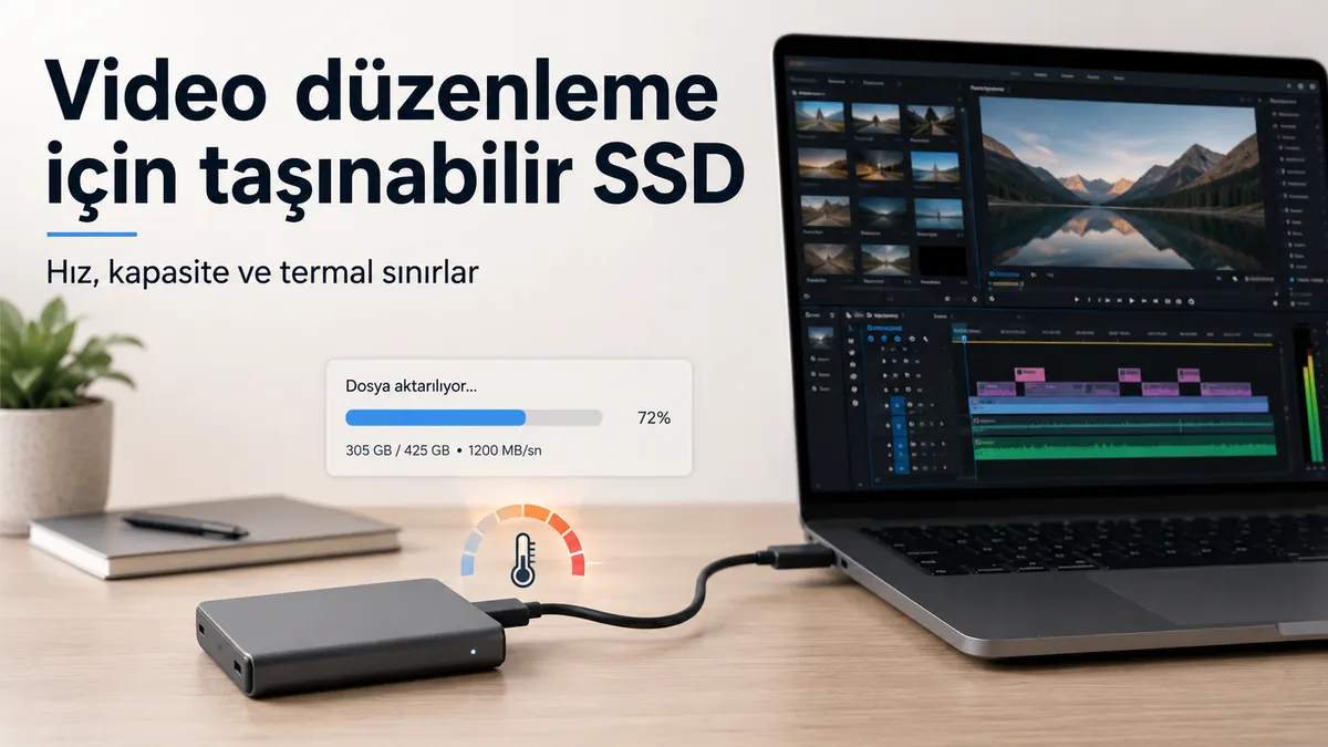 Medya dosyaları aktarılırken video düzenleme iş istasyonuna bağlı taşınabilir SSD