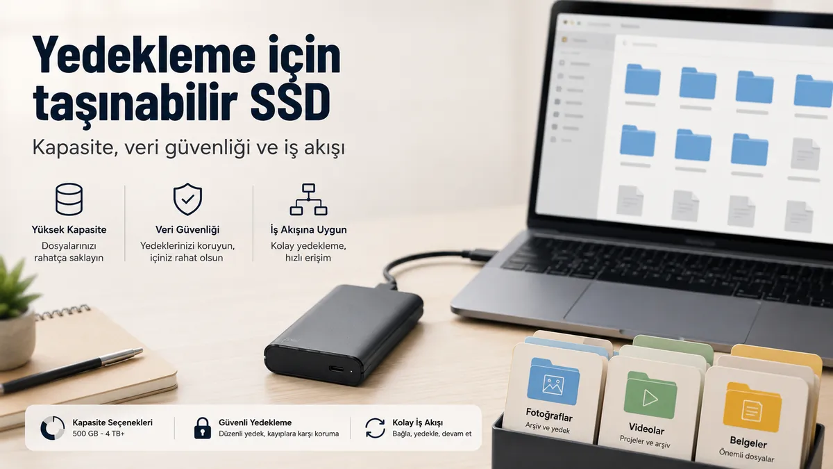 Dizüstü bilgisayar ve düzenli klasörlerin yanında yedekleme sürücüsü olarak kullanılan taşınabilir SSD